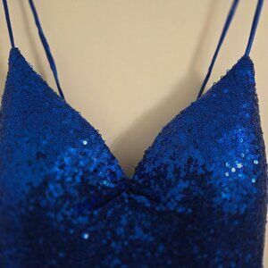 13 Midnight Doll Royal Blue Sequin Maxi Lined Dress Straps Open Back Fit & Flare